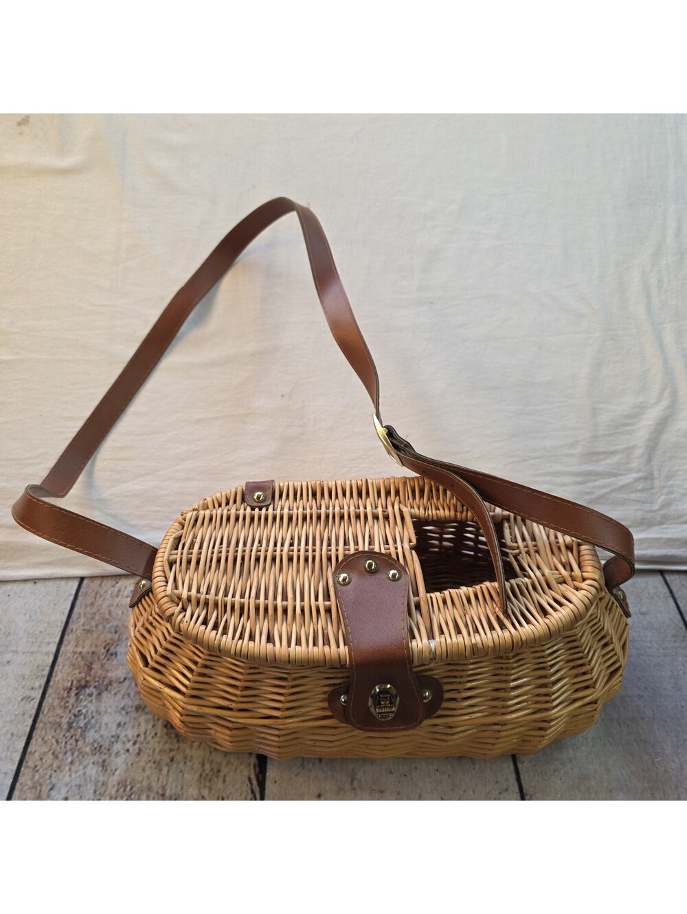 Wicker fish creel basket w/ strap fish basket fly fishing cabin decor forage